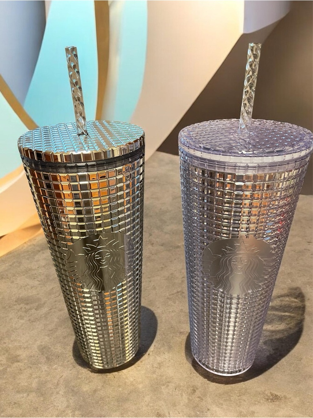 Set of 2 Starbucks 24 oz Venti Cold Cup Grid Tumblers